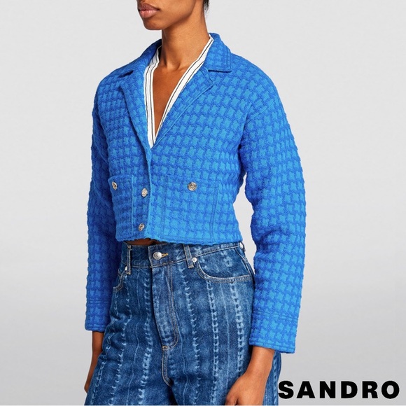 SANDRO Astier Cropped Tweed Coatigan in Electric Blue - Picture 4 of 12